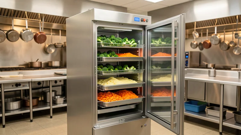 Upright commercial blast chiller cabinet open in a busy restaurant kitchen