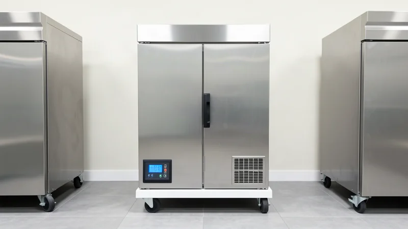 Closed commercial blast freezer on a wheeled base in a storage room