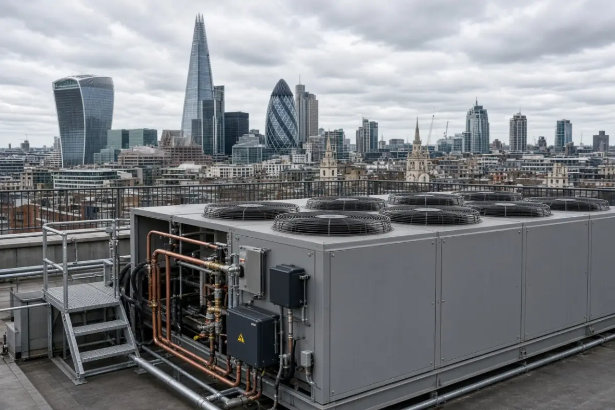 Emergency chiller repair London - air-cooled chiller on rooftop with City of London skyline
