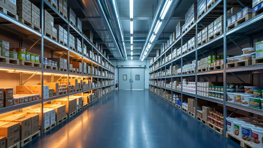 Industrial cold storage aisle with stocked shelving for commercial freezer repair London
