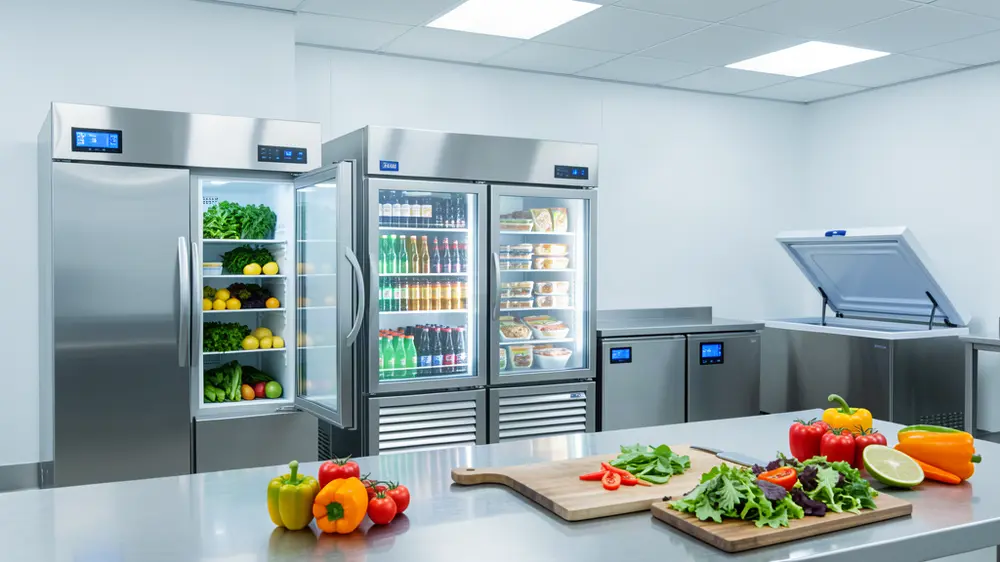 Row of stocked commercial refrigeration units with fresh produce prep in a North London kitchen