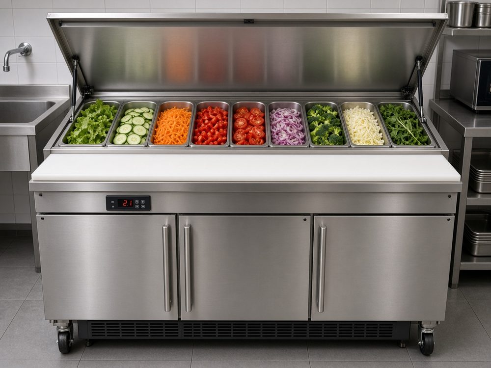 Commercial stainless-steel saladette prep counter fridge with chilled gastronorm pans in a London restaurant kitchen — 24/7 emergency repair by Cold Direct