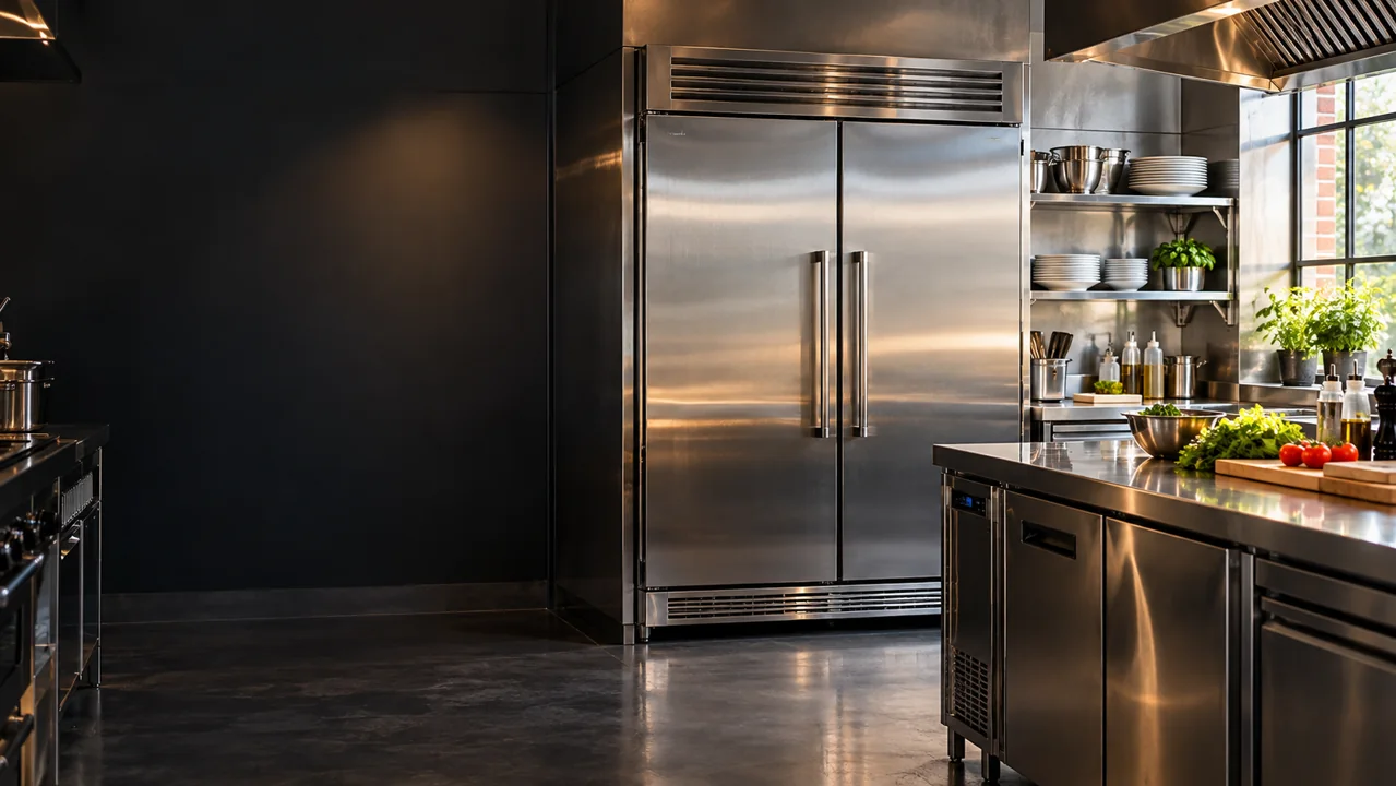 Illustrative commercial refrigerator in a restaurant kitchen