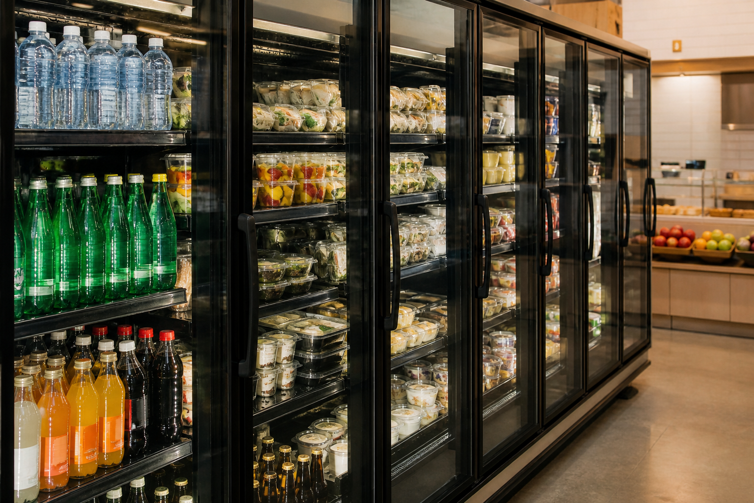 Commercial glass display refrigerators in a shop