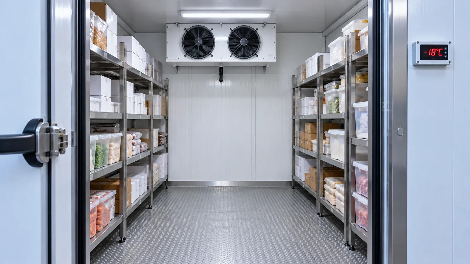 Commercial walk-in freezer room with shelving and an exterior temperature controller