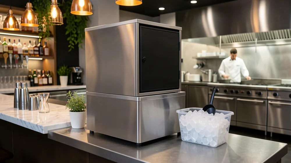Commercial ice machine full of fresh ice cubes in a restaurant bar