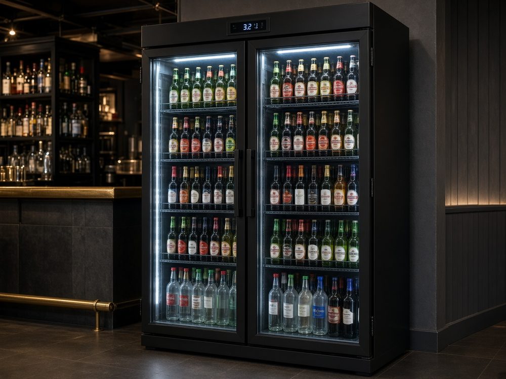 Large commercial upright double-door glass display bottle cooler fridge in a North London pub bar — 24/7 same-day bottle cooler repair by Cold Direct