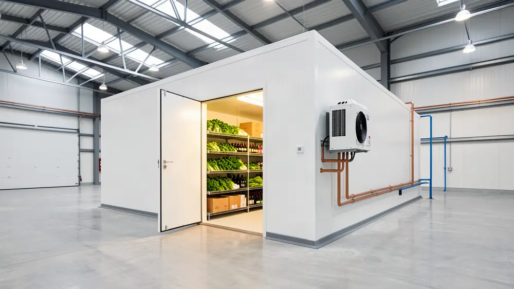 Walk-in cold room with side-mounted compressor unit and stocked shelves
