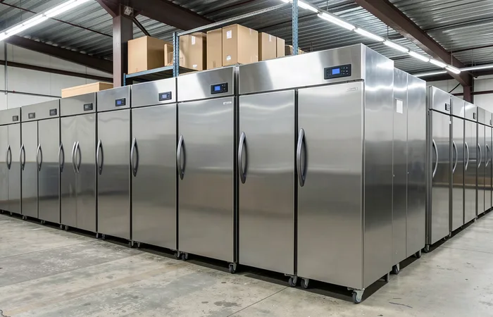 Row of stainless steel Williams commercial fridges and freezers in a London kitchen store
