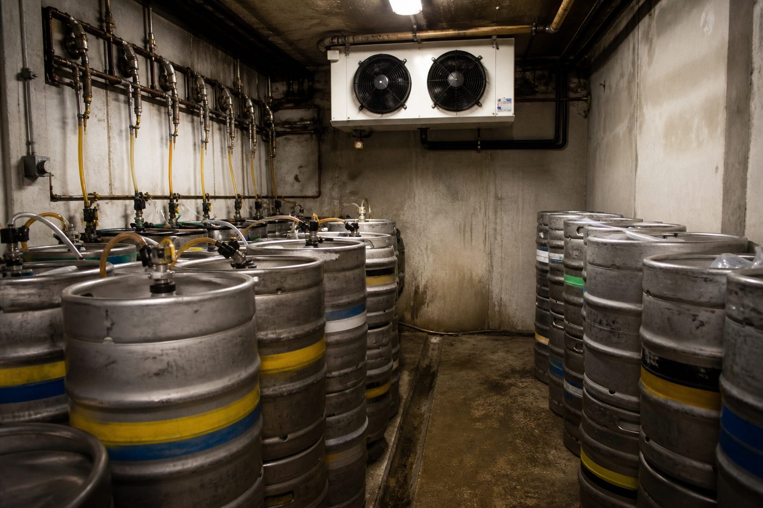 Pub cellar cooling equipment and beer kegs