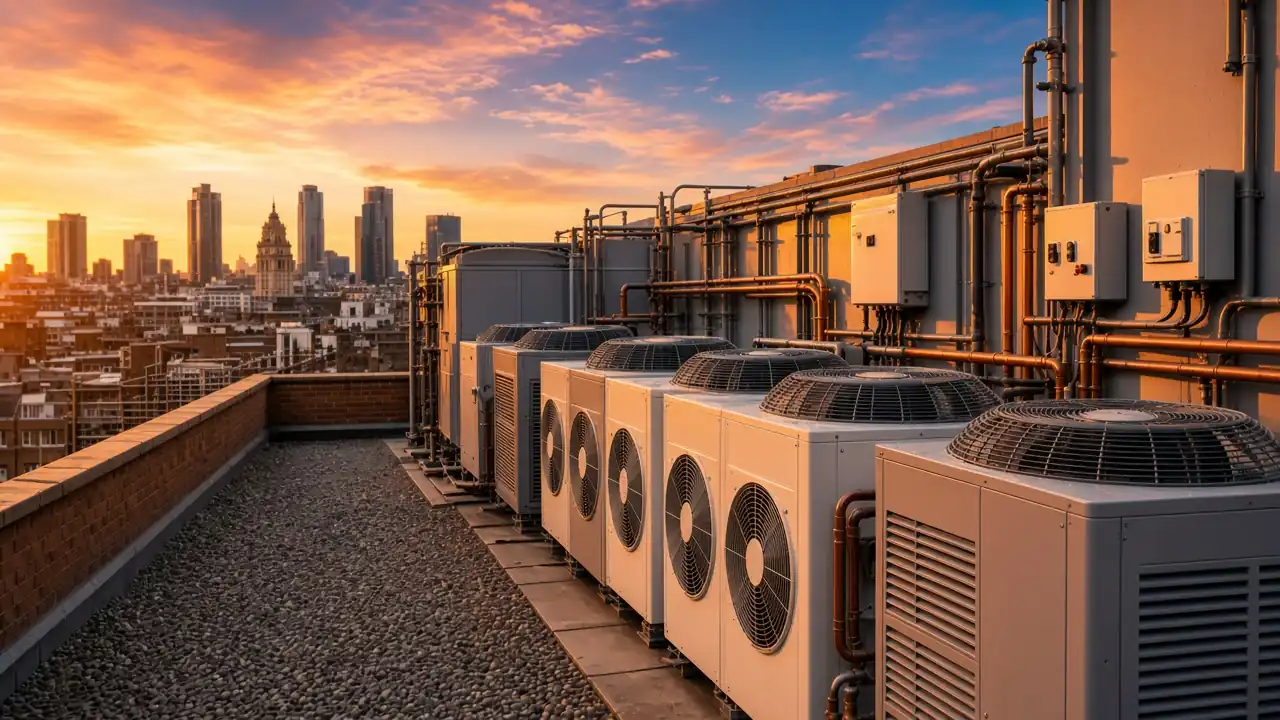 Air conditioning repair London - rooftop condensers at sunset