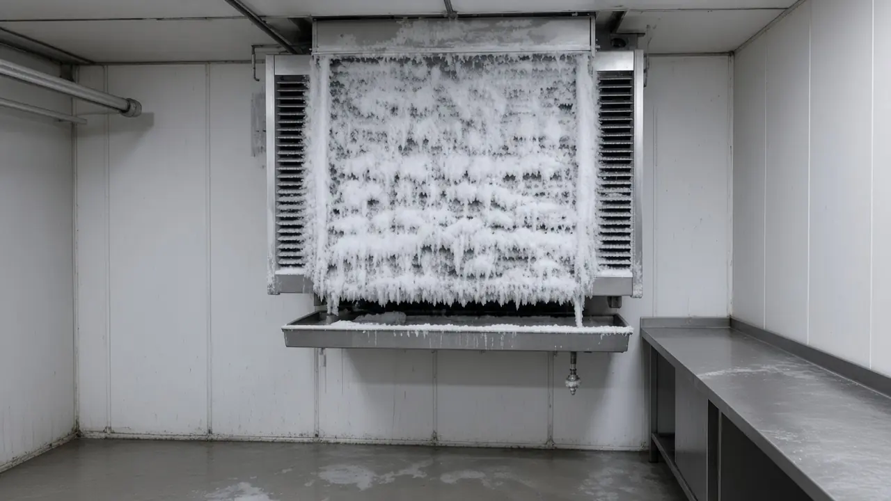 Empty commercial freezer room with iced evaporator, London