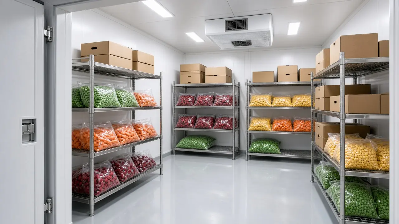 Professional walk-in freezer room with colourful frozen produce, London