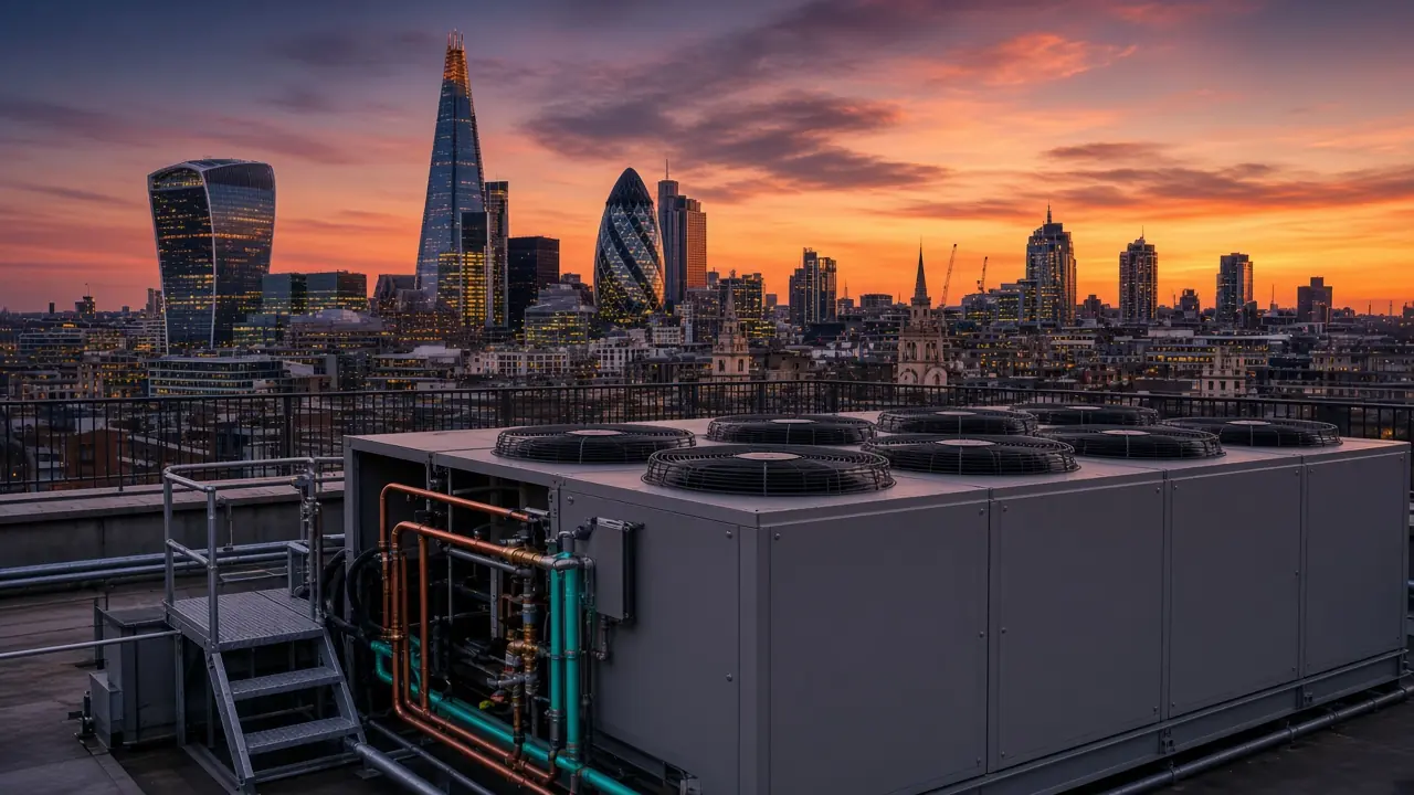 Chiller repair London - rooftop chiller at sunset