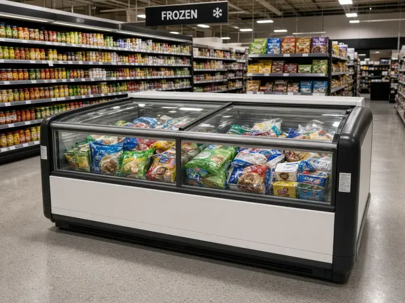 Open island freezer on an independent London supermarket floor