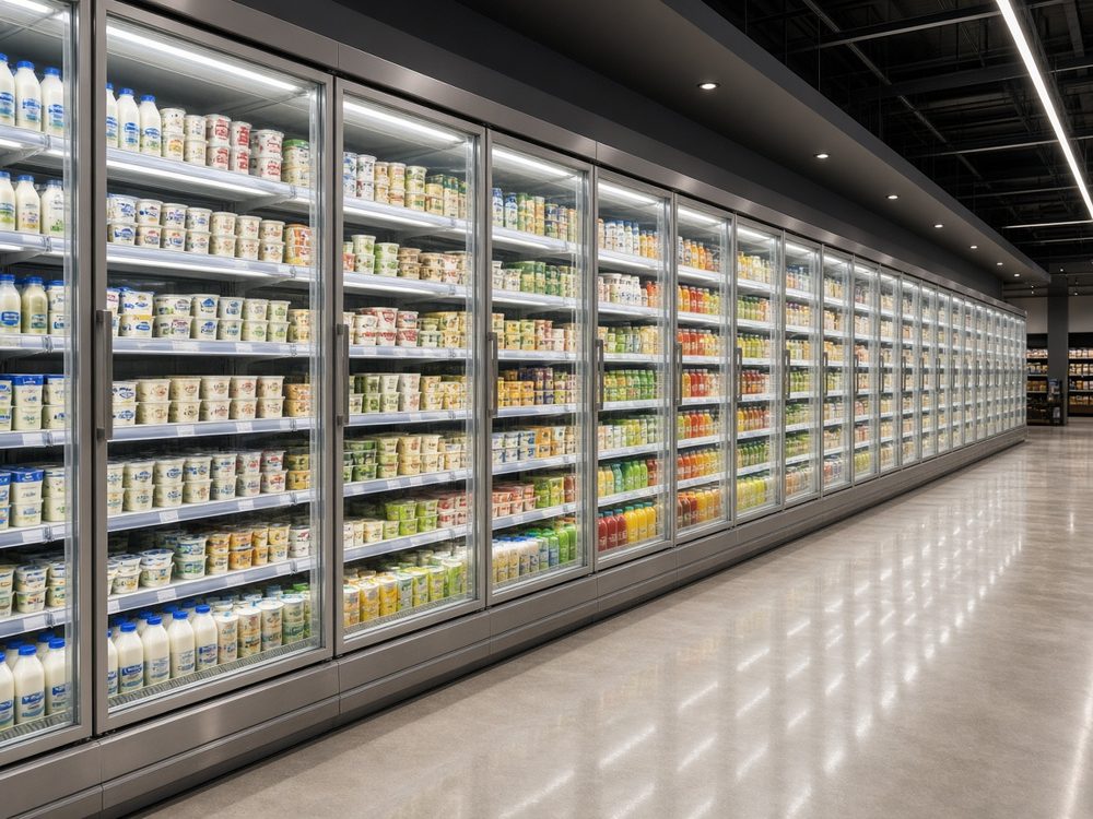 Large commercial supermarket multideck chiller and freezer aisle in London — 24/7 emergency supermarket refrigeration repair