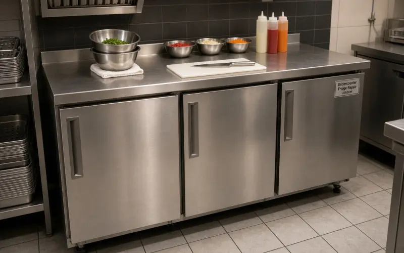 Undercounter Fridge Repair London - 3 Door Stainless Steel Commercial Undercounter Fridge - Big Prep Top