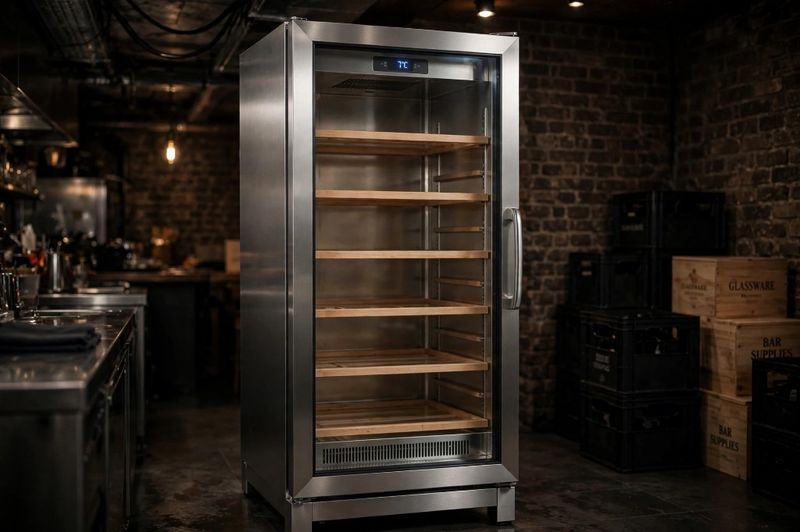 Commercial wine cooler repair London — stainless glass-door wine fridge in a restaurant back-of-house